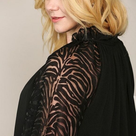 Plus size zebra burnout‎ sleeve ruffled neck bubble crepe blouse - Picture 2 of 5